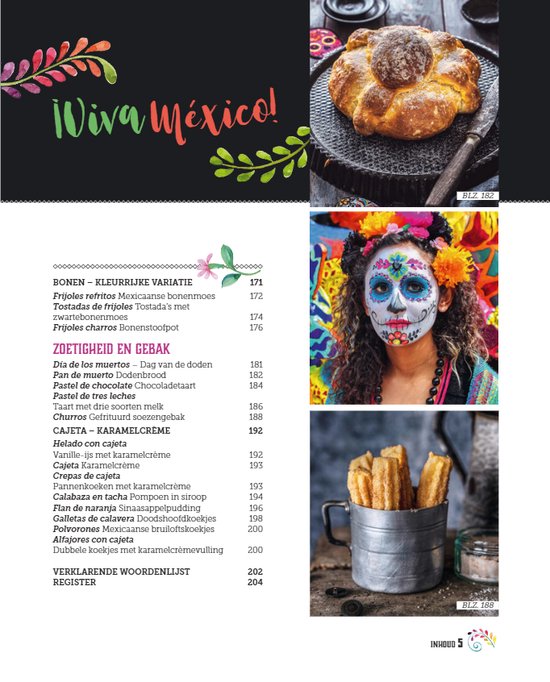 Boekomslag met een brood, een gemaskerde vrouw, en churros.