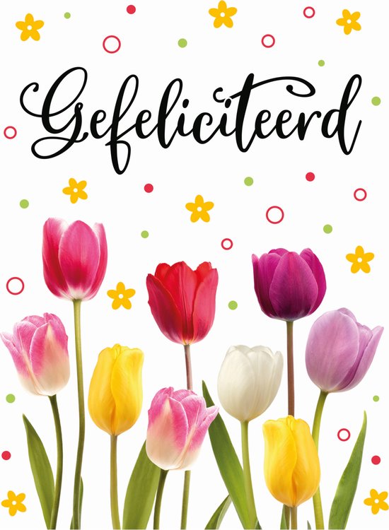 Wenskaart - A4 - Gefeliciteerd - Wit - Gekleurde Tulpen - 1 Stuk