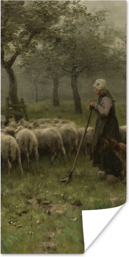 Poster Herderin met kudde schapen - Schilderij van Anton Mauve - 20x40 cm