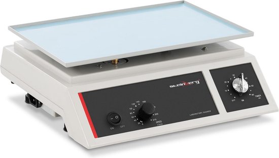 Laboratoriummixer van Steinberg Systems met een platform en zwart bedieningspaneel met rode accenten.