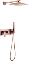Vierkante inbouw regendouche met wandarm 25cm douchekop mat rosé goud tweeknops bediening