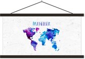 Wanddecoratie - Wereldkaart - Quotes - Waterverf - Schoolplaat - 60x30 cm - Textielposter - Textiel poster