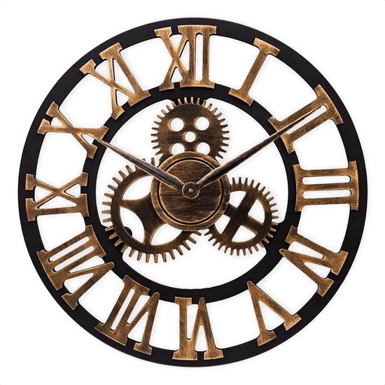 Horloge murale rétro industrielle Vintage en bois avec horlogerie silencieuse avec chiffres - Or 100 CM