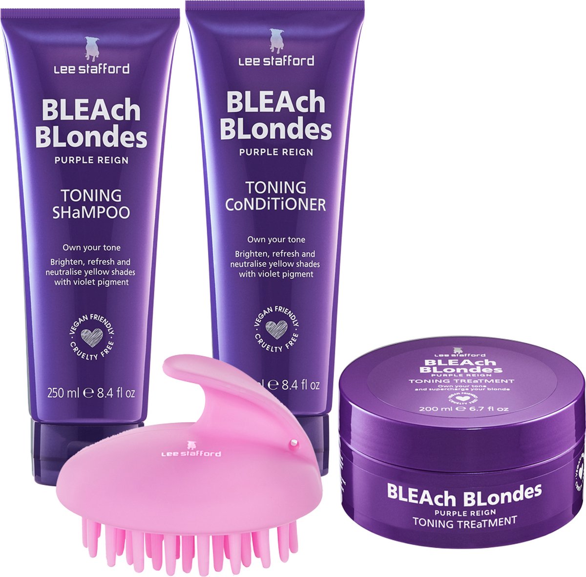 Lee Stafford Bleach Blondes Purple Toning Geschenkset Zilvershampoo Conditioner Haarmasker Voor Gekleurd Haar met Massageborstel