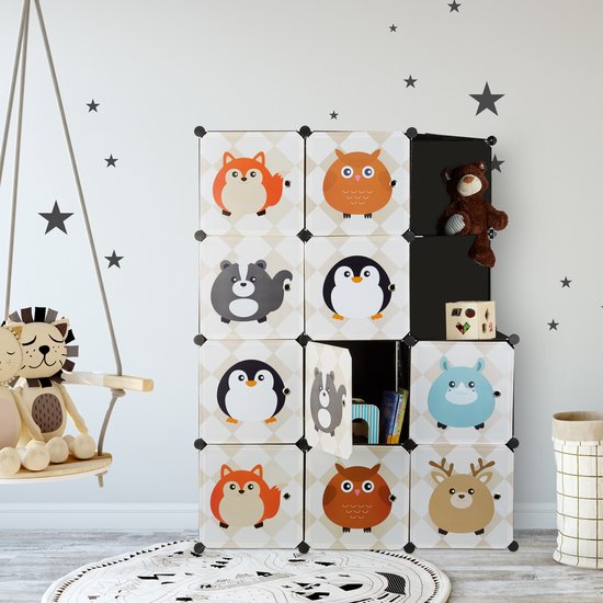 kinderkamer kast met diermotieven - kunststof - steeksysteem - deuren - kledingkast - roede - kleurrijk