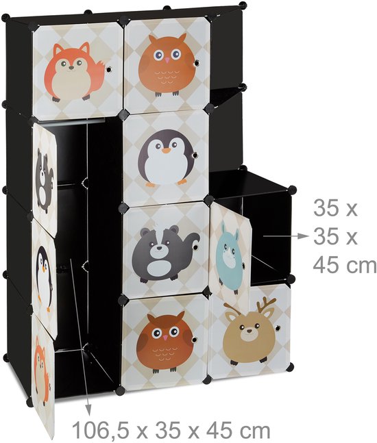 kinderkamer kast met diermotieven - kunststof - steeksysteem - deuren - kledingkast - roede - kleurrijk