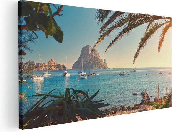 Artaza Canvas Schilderij Ibiza Cala d'Hort Strand  - 100x50 - Groot - Foto Op Canvas - Canvas Print