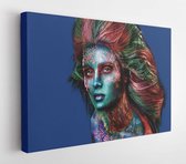 Canvas schilderij - Close up portrait of young beautiful girl with colorful face painting with beads. Halloween professional makeup. hair in paint. beauty portrait. colorful lush h