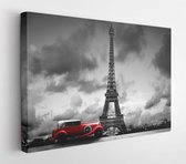 Canvas schilderij - Artistic image of Effel Tower, Paris, France and red retro car. Black and white, vintage.  -     245346724 - 50*40 Horizontal