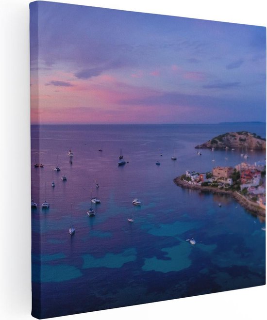 Artaza Canvas Schilderij Ibiza met Boten op het Water bij Zonsopgang - 80x80 - Groot - Foto Op Canvas - Canvas Print