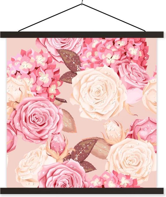 Posterhanger incl. Poster 40x40 cm - Schoolplaat - Rozen - Glitter - Roze - Wit - Textielposter - Zwarte latten