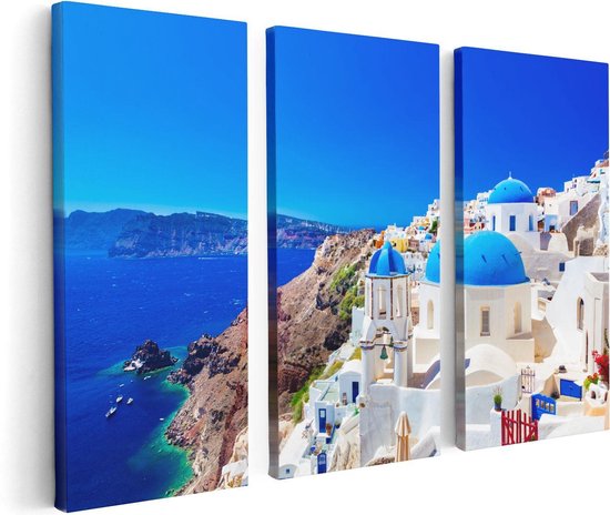 Artaza Canvas Schilderij Drieluik Blauwe Huizen met Koepels in Griekenland - 120x80 - Foto Op Canvas - Canvas Print