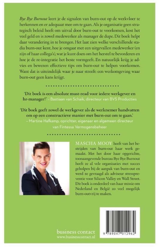 Achterkant van een boek met informatie over "Bye Bye Burnout" en een foto van Mascha Mooy. De ISBN-code is zichtbaar.