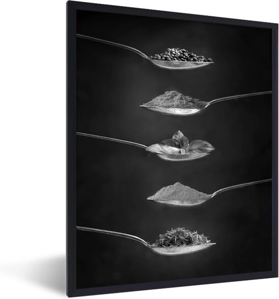 Fotolijst incl. Poster Zwart Wit- Italiaanse kruiden op lepels - zwart wit  - 60x80 cm... | bol.com