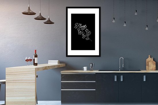 Cadre photo avec affiche Zwart Wit- Branche avec feuilles rondes sur fond noir - noir et blanc - 60x90 cm - Cadre pour affiche
