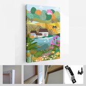 Natuur, landschap, familie en mensen. Vectorillustratie van een huis, meer, veld, uitzicht, dorp, boom en bloemen - Modern Art Canvas - Verticaal - 1898633704