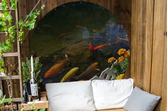 Garden Circle Carpes Koï dans un étang avec des fleurs - 150x150 cm - Affiche Ronde de Jardin - Extérieur