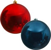 2x stuks grote kerstballen van 20 cm glans van kunststof blauw en rood - Kerstversiering