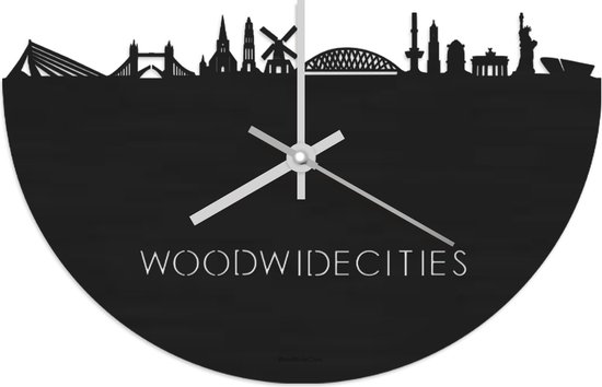 Skyline Klok WoodWideCities Zwart hout - Ø 40 cm - Stil uurwerk - Wanddecoratie - Meer steden beschikbaar - Woonkamer idee - Woondecoratie - City Art - Steden kunst - Cadeau voor hem - Cadeau voor haar - Jubileum - Trouwerij - Housewarming -