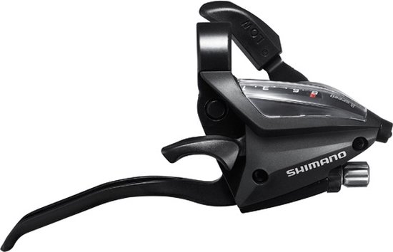 Zwarte Shimano shifter met 3 versnellingen en 4-vinger V-brake remhendel.