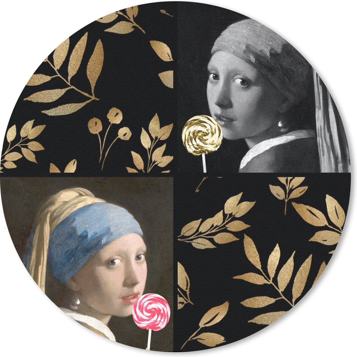 Muismat rond 20x20 cm - Mousepad Meisje met de parel - Goud - Collage - Ronde muismatten