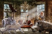 120 x 80 cm - Glasschilderij - Wilde  dieren in een verlaten gebouw - schilderij fotokunst - foto print op glas
