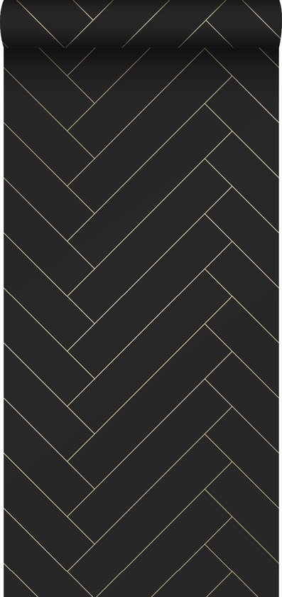 ESTAhome behang visgraat-motief zwart en goud - 139310 - 0,53 x 10,05 m