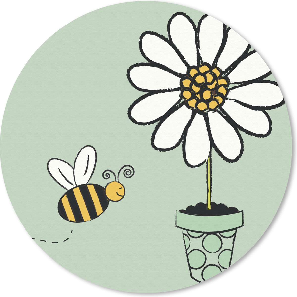 Muismat rond 50x50 cm - Mousepad Een illustratie van een bij die naar een witte bloem vliegt - Ronde muismatten