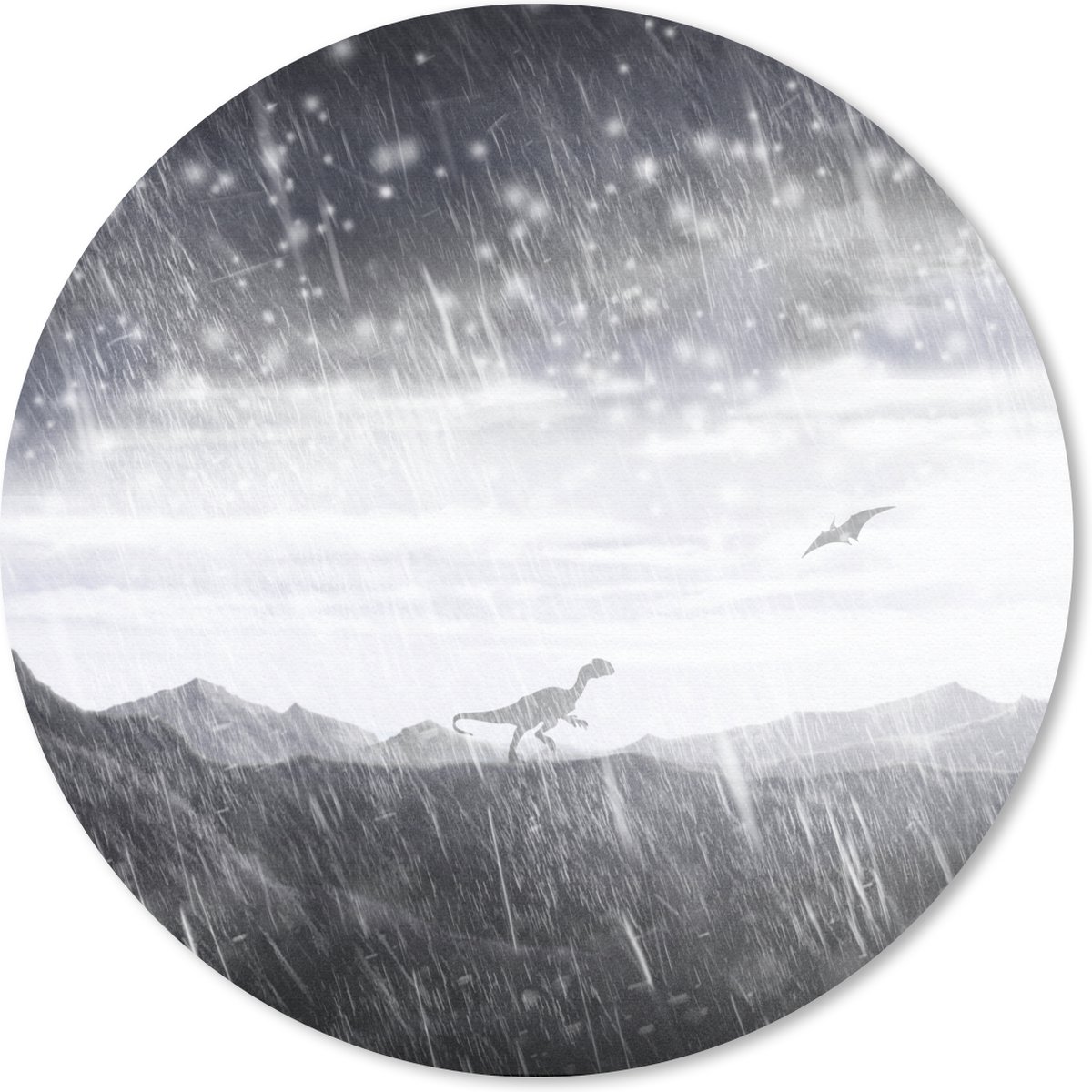 Muismat rond 30x30 cm - Mousepad Dinosaurus - Zwart - Wit - Regen - Ronde muismatten