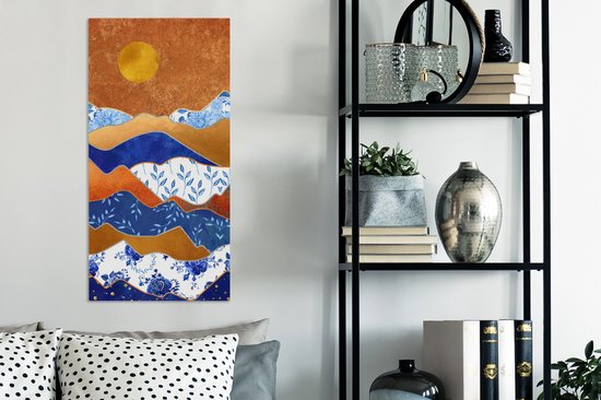 Peinture sur Toile Blauw de Delft - Or - Fleurs - 40x80 cm - Décoration murale