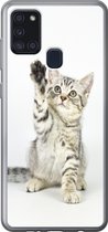 Geschikt voor Samsung Galaxy A21s hoesje - Kitten - Poot - Wit - Meisjes - Kinderen - Jongens - Kind - Siliconen Telefoonhoesje