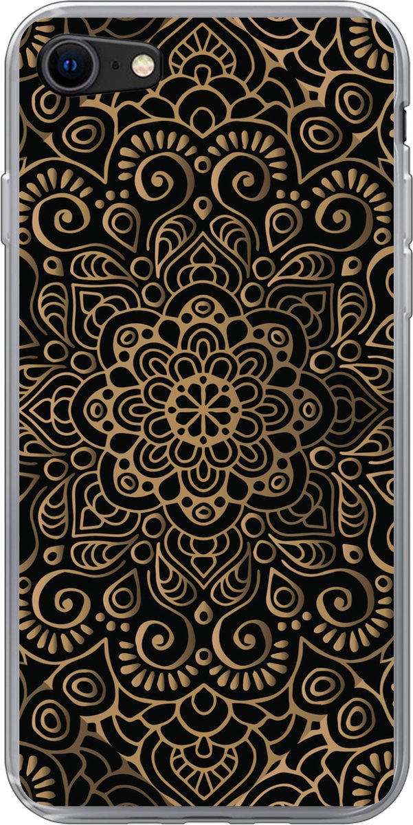 Telefoonhoesje Geschikt voor iPhone SE 2020 hoesje - Gouden patroon op een zwarte achtergrond - Siliconen Telefoonhoesje Telefoonhoesje