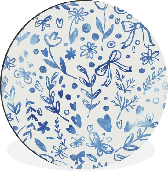 WallCircle - Wandcirkel - Muurcirkel - Een bloemdessin in blauwe kleuren - Aluminium - Dibond - ⌀ 60 cm - Binnen en Buiten