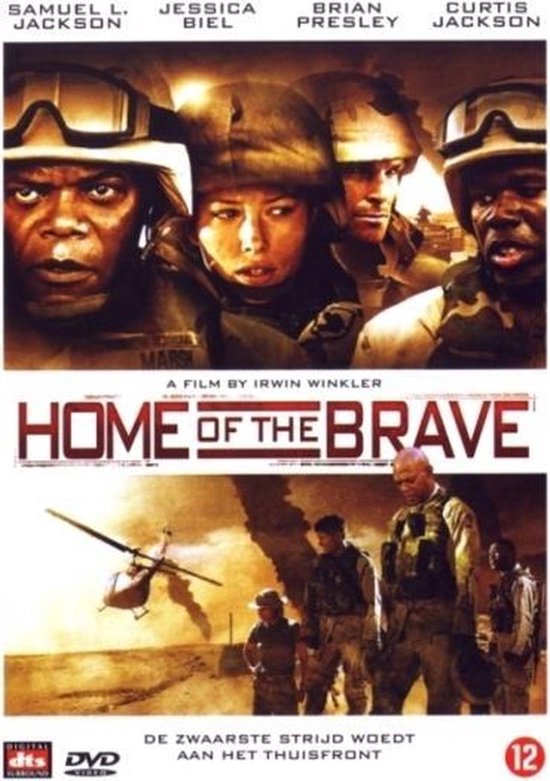 Filmcover: Home of the Brave met close-ups van militairen en een helikopter boven een rokerig landschap.