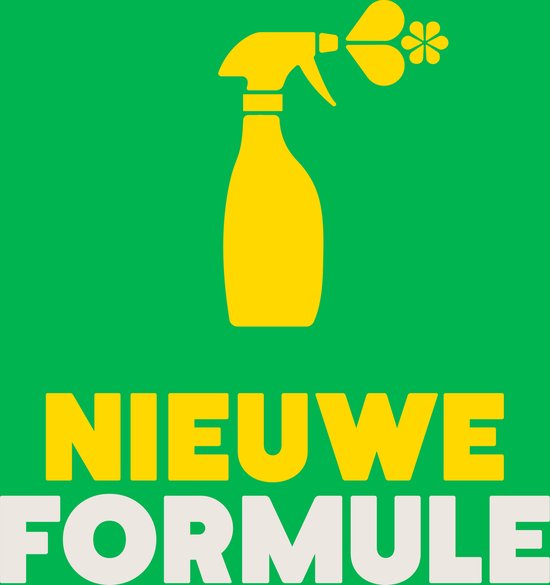 Groene achtergrond met gele tekst 'NIEUWE FORMULE' en een gele spuitfles.