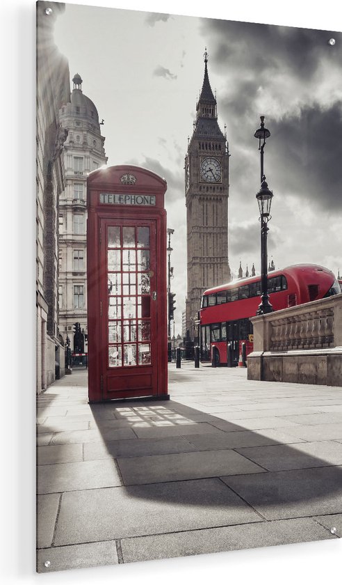 Artaza Glasschilderij - Rode Telefooncel in Londen bij de Big Ben - Plexiglas Schilderij - Foto op Glas