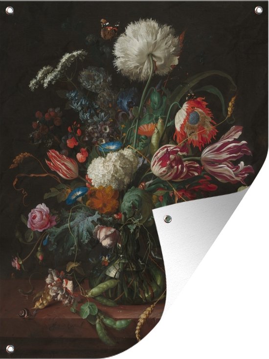 Tuinschilderij Bloemen in glazen vaas - schilderij van Jan Davidsz de Heem - 60x80 cm - Tuinposter - Tuindoek - Buitenposter