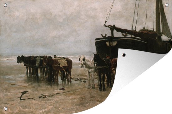 Tuinposter - Tuindoek - Tuinposters buiten - Fishing boat and draught-horses on the beach - Schilderij van Anton Mauve - 120x80 cm - Tuin