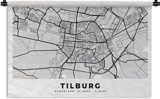 Wandkleed - Wanddoek - Stadskaart - Tilburg - Nederland - 90x60 cm - Wandtapijt - Plattegrond