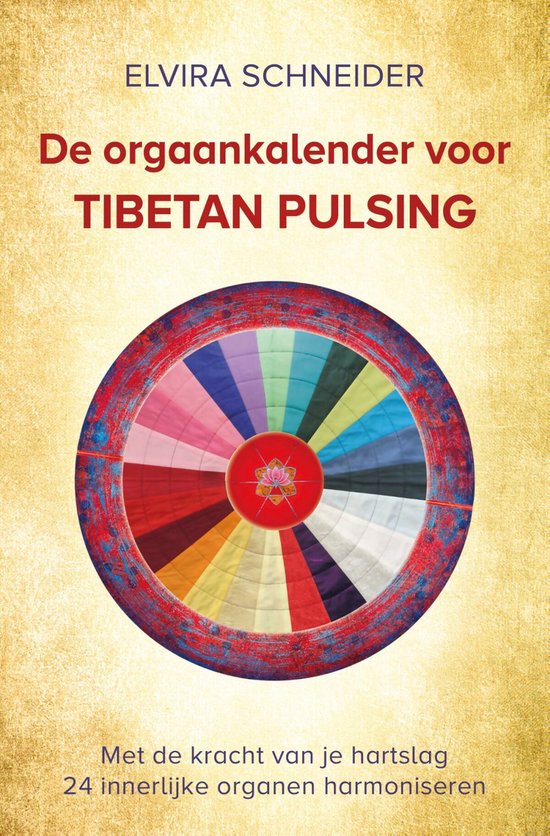 Een gekleurd wiel met 24 segmenten. De titel luidt 'De orgaankalender voor Tibetan Pulsing'.