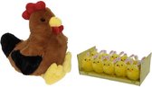 Pluche bruine kippen/hanen knuffel van 25 cm met 10x stuks mini kuikentjes met konijnenoortjes 6 cm - Paas/pasen decoratie