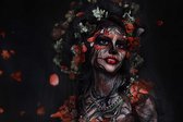 Portrait en gros plan d'une belle fille avec du maquillage de crâne. maquillage professionnel Halloween avec couronne de fleurs sur la tête - Toile d' Art moderne - Horizontal - 1433487332 - 50*40 Horizontal