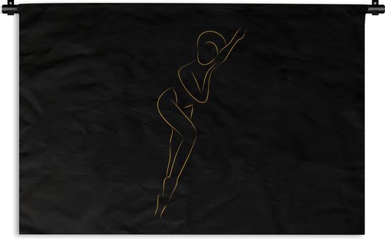 Wandkleed - Wanddoek - Vrouw - Zwart - Goud - Line art - 90x60 cm - Wandtapijt