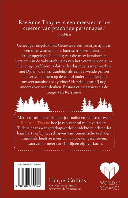 Boekcover met witte tekst op rode achtergrond. De titel 'RaeAnne Thayne is een meester in het creëren van prachtige personages' staat bovenaan.