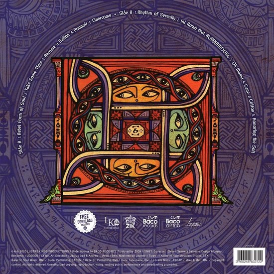Achterzijde vinylhoes met abstracte, kleurrijke kunst, tracklijst en logo's van Baco Records op een paarse achtergrond.