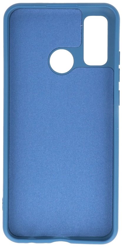 Coque de téléphone bleu marine avec découpes pour appareil photo et capteur d'empreintes digitales.