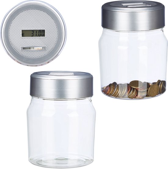 Relaxdays Tirelire Avec Compteur Numérique - Tirelire Transparente 1,2L Avec Écran Pour Pièces