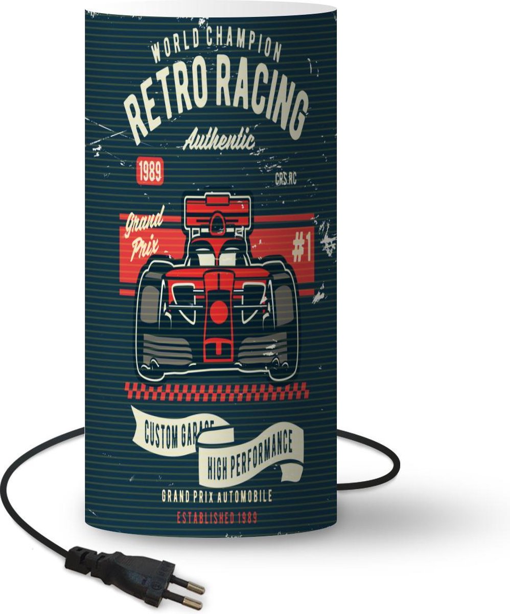 Lamp - Nachtlampje - Tafellamp slaapkamer - Raceauto - Racebaan - Retro - Tekening - 54 cm hoog - Ø24.8 cm - Inclusief LED lamp
