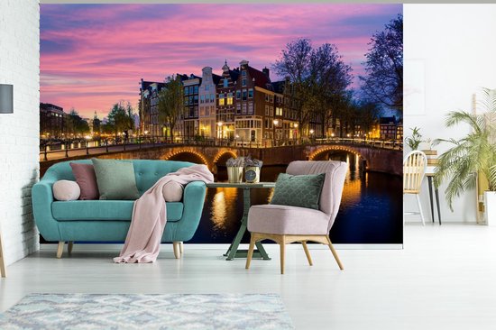 Papier peint - Papier peint photo Amsterdam - Nuit - Canal - Largeur 360 cm x hauteur 240 cm
