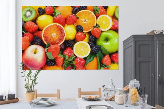 Canvas schilderij 180x120 cm - Wanddecoratie Aardbei - Citroen - Fruit - Muurdecoratie woonkamer - Slaapkamer decoratie - Kamer accessoires - Schilderijen